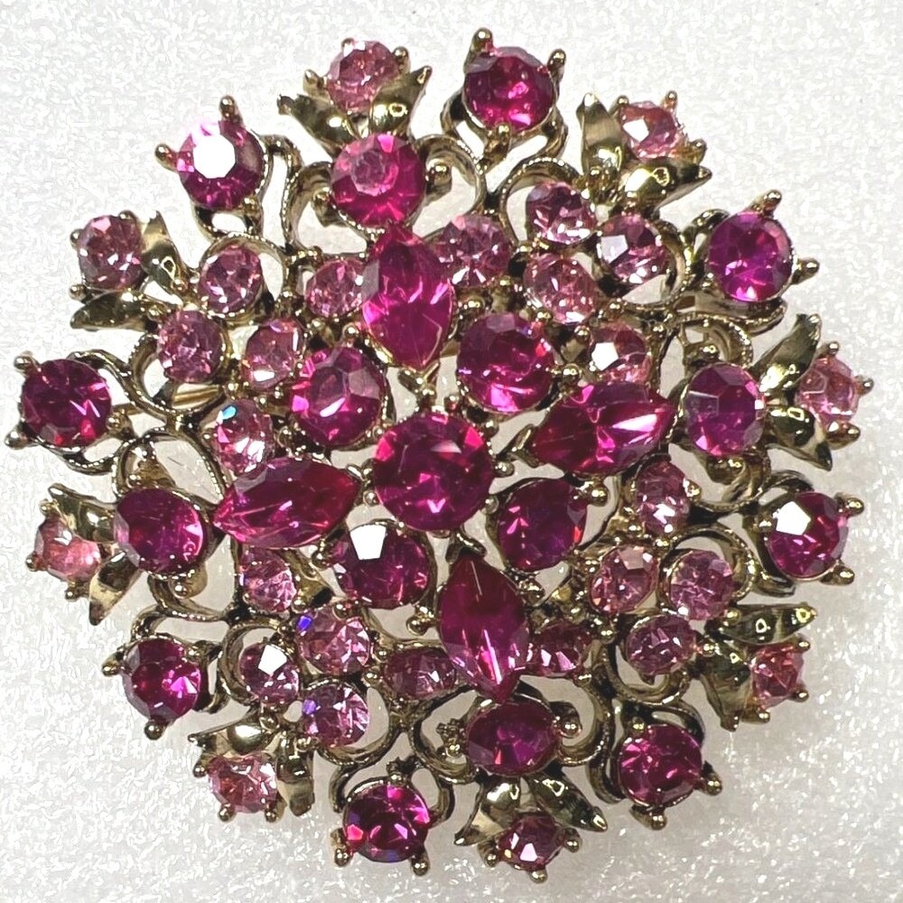 Lisner Domed Rhinestone Brooch‎ Two-tone Pink Faceted Layered Floral Signed